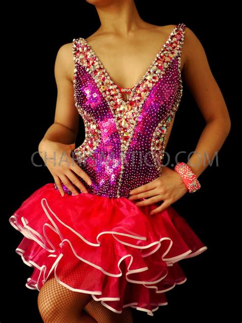 hot pink sequin v neck fuchsia ruffle layer latin salsa dance dress