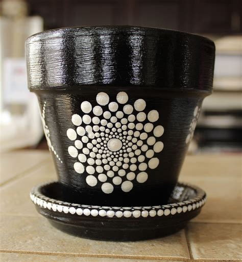 Hand Painted Flower Pot And Saucer Black And Silver Dot Mandala