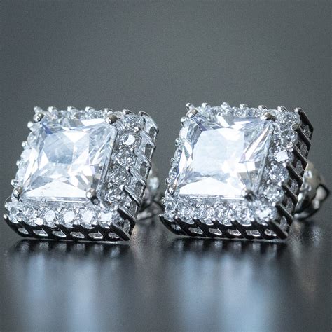 Mens Square Diamond Princess Cut Square Stud Earrings