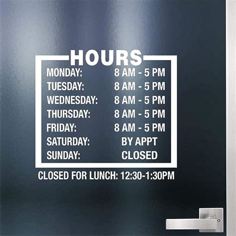 Custom Business Hours Sign For Glass Door Windows Smooth Surfaces