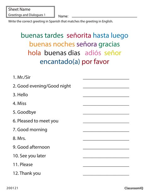 Spanish Greetings Matching Classroomiq Spanishworksheets Newteachers Beginner Spanish