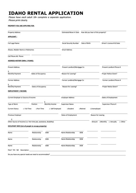 Fillable Idaho Rental Application Printable Pdf Download