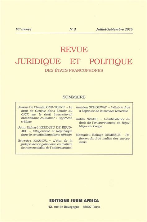 Parution Aux éditions Juris Africa Du N° 32016 De La Revue