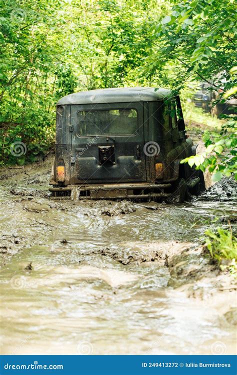 Back View Of Green Russian Off Road Utility Vehicle Uaz Hunter Broke