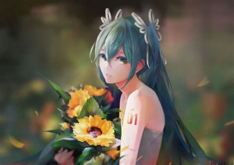 A Woman With Green Hair Holding Flowers In Her Hand