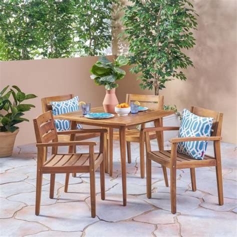 Noble House Stamford Teak Brown 5 Piece Wood Outdoor Dining Set 42777