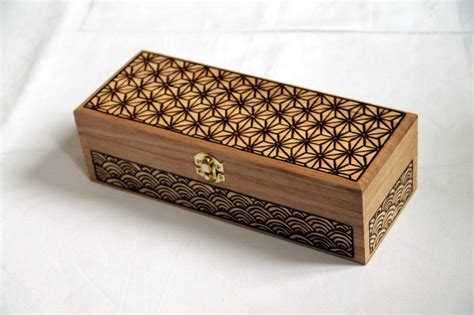 Wooden Box Carved With Asian Pattern Geometrical Japanese Etsy