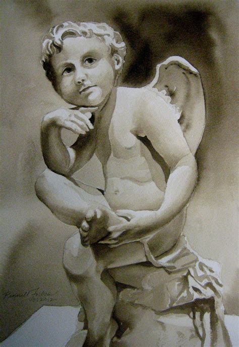 Cupid Angel Original Watercolor Figure Painting Cupid Thinking