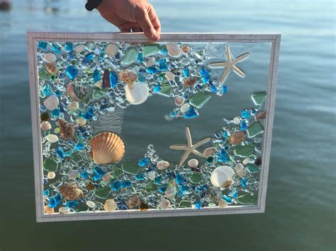 Free Shipping Large Beach Glass Coastal Window Mixed Media Sea Glass Mosaic Glass Art Sea