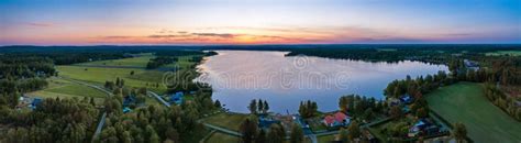 Aerial Scenic Panorama Of Midnight Sun In Northern Sweden Middle