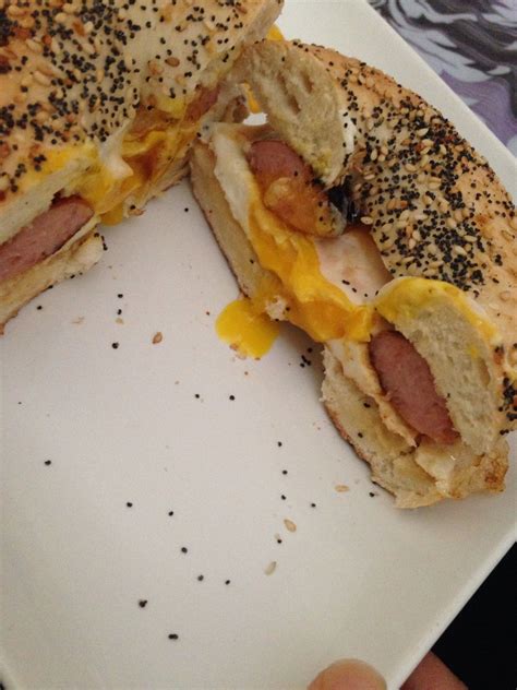 Everything bagel Sandwich (over easy eggs, kielbasa sausage, and cheese)