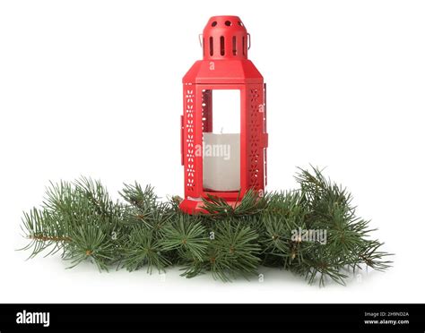 Christmas Lantern With Candle And Fir Branches On White Background
