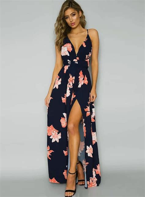 A Line Backless Floral Printed High Slit Maxi Dress Stylesimo Com