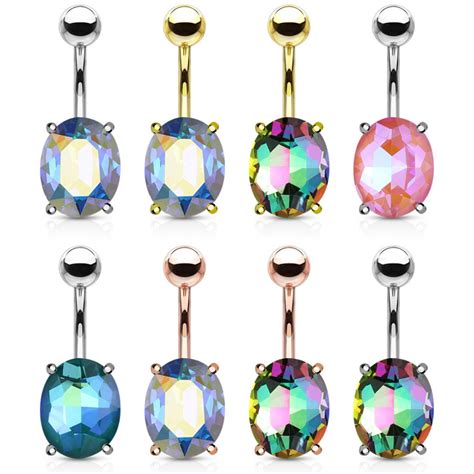 Ab Effect Oval Shape Crystal Steel Belly Ring