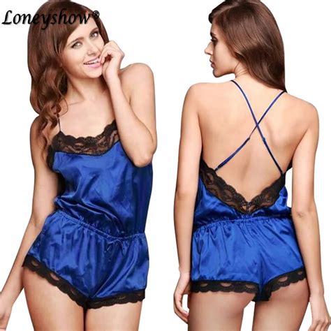 High Quality Free Shipping Sexy Lace Patchwork Rompers Pajama Sets V Neck Back Hollow Out Camis