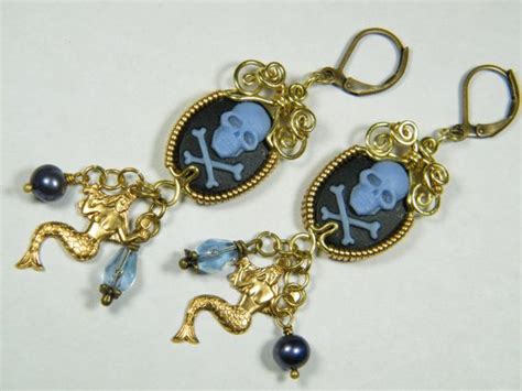 Blue Pirate Earrings With Cultured Freshwater Pearls Brass Etsy