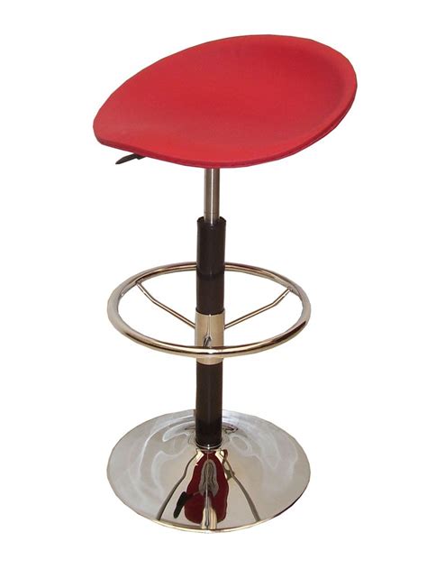 a red stool sitting on top of a metal base