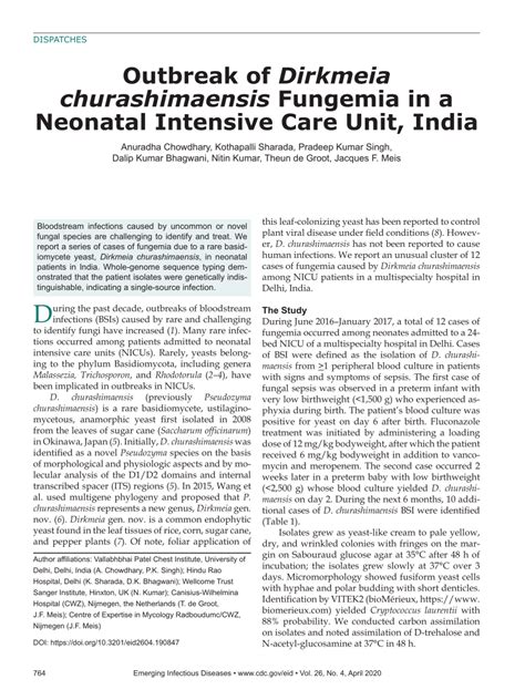 Pdf Outbreak Of Dirkmeia Churashimaensis Fungemia In A Neonatal