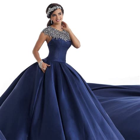 Navy Blue Satin Quinceanera Dresses With Silver Beads And Crystals