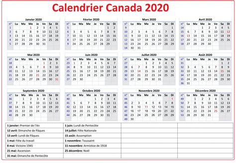 Imprimable Calendrier Canada 2020 Excelpdfword