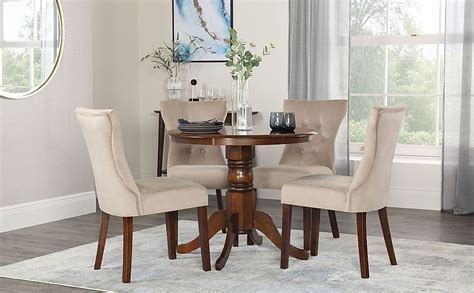 Kingston Round Dark Wood Dining Table With 4 Bewley Champagne Velvet
