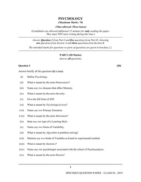 ISC Class 11 Psychology Specimen Paper 2024 PDF NCERT Expert