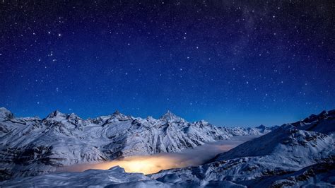 Snow Covered Mountain Switzerland Stars Snow Landscape Hd Wallpaper