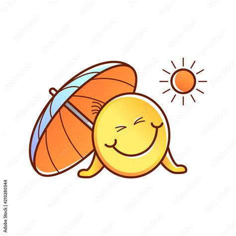 Cute Male Smiley Face Or Emoticon In Sketch Style Enjoys Sun Tan With Sun Umbrella Funny Emoji