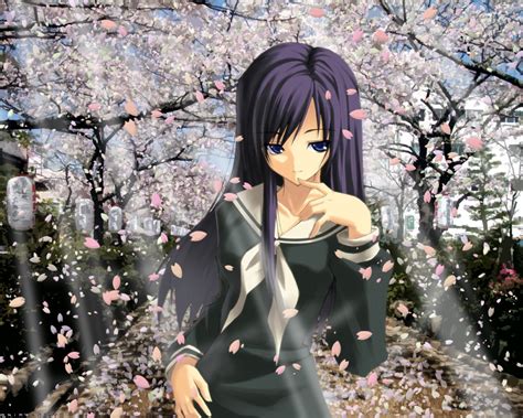 Anime Girls School Uniform Schoolgirls Cherry Blossom