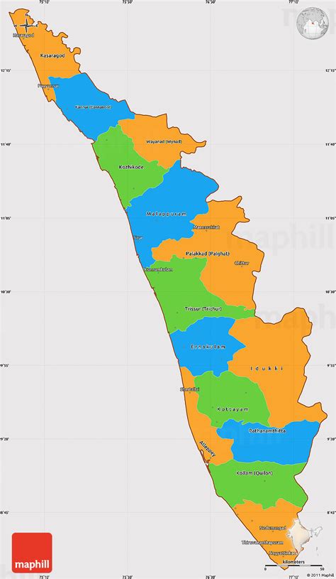 Kerala state districts area population other information dhanvi. Political Simple Map of Kerala, cropped outside
