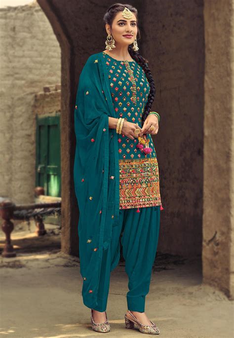 Buy Embroidered Georgette Punjabi Suit In Teal Blue Online Kch6198 Utsav Fashion