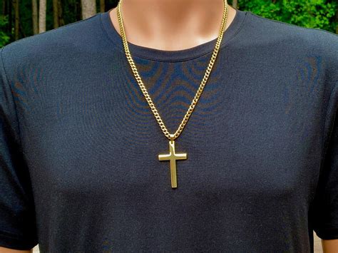 Large Gold Cross Necklace For Men With Thick Curb Chain Gold 316L