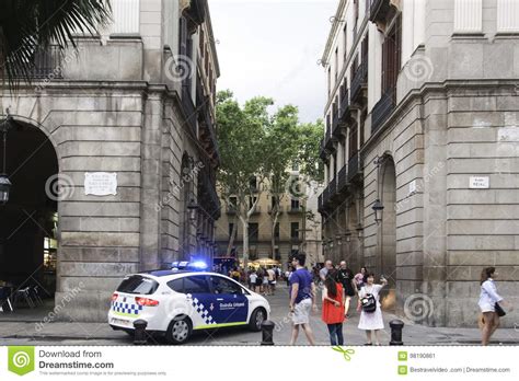 Barcelona Spain Police Car Patrolling At Royal Square Editorial Photo