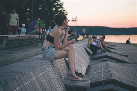 Hd Wallpaper Woman Sitting On Top Of Wooden Bench Near People And