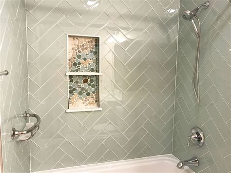 Custom Mosaic Tile Shower Niche Made With Nautical Ceramic Tile Glass And Stone Tile