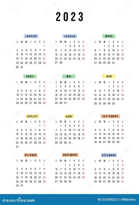 French Calendar 2023 Year Vector Stationery Square Calendar Week