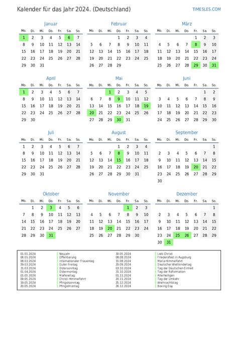 Kalender Für 2024 Mit Feiertagen In Deutschland Kalender Drucken Und
