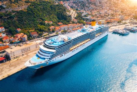 Aerial View Of Cruise Ship In Port At Sunset In Dubrovnik Stock Image