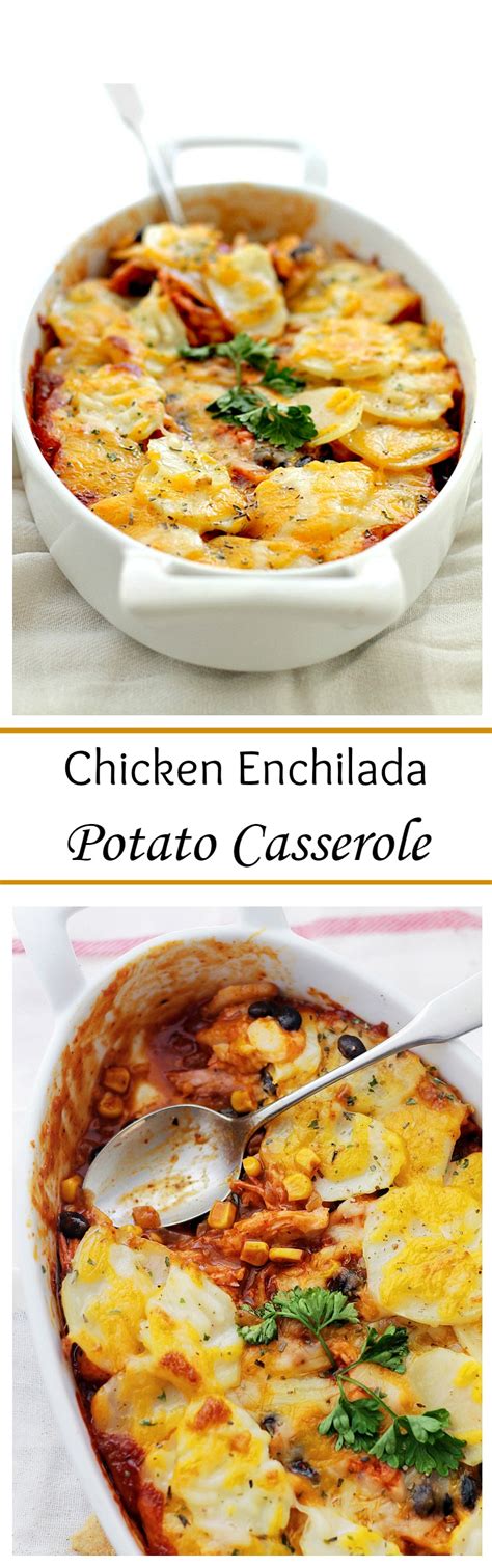 Pour a small amount of the enchilada sauce into an 8×10 baking dish. Chicken Enchilada Potato Casserole - A delicious layer of ...