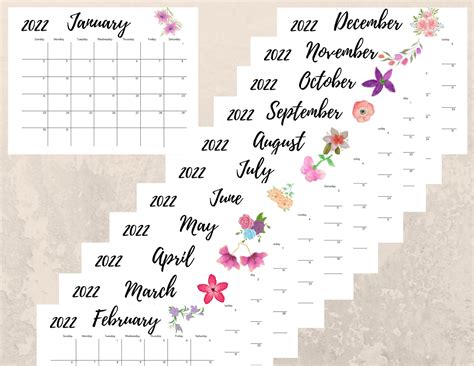 2022 Floral Calendar Pdf Instant Digital Download Etsy