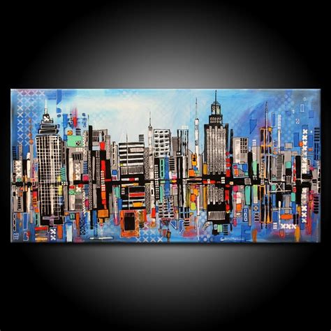 Modern Urban City Abstract Painting Original 48x24 Canvas