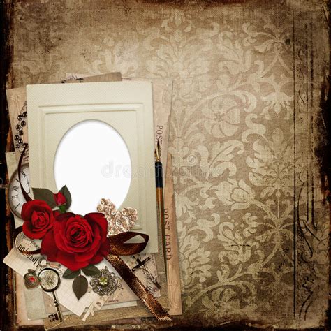Old Vintage Shabby Background With Frame Roses Cards And Retro