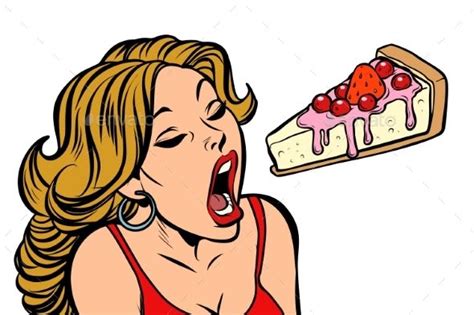 Woman Eating Cake Sweet Dessert Retro Vector Illustration Sweet Desserts Pop Art