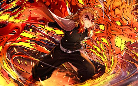 Download Wallpapers 4k Kyojuro Rengoku Fire Flames Demon Hunter