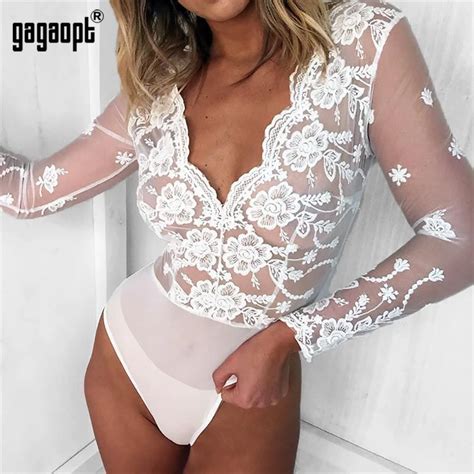 Gagaopt Spring Lace Bodysuit Women Floral Embroidery Sexy Bodysuit Long