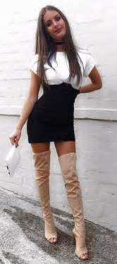 Black White Ootd Nude Over The Knee Boots Jeans And T Shirt Outfit