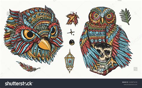 Owls Heads Old School Tattoo Collection Vector De Stock Libre De