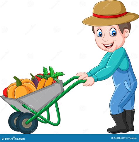 Cartoon Young Farmer Pushing A Wheelbarrow Full Of Vegetables Stock