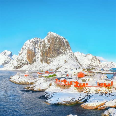 Breathtaking Winter View On Hamnoy Village And Festhaeltinden Mountain