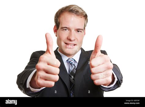 Happy Business Man Holding Both Of His Thumbs Up Stock Photo Alamy